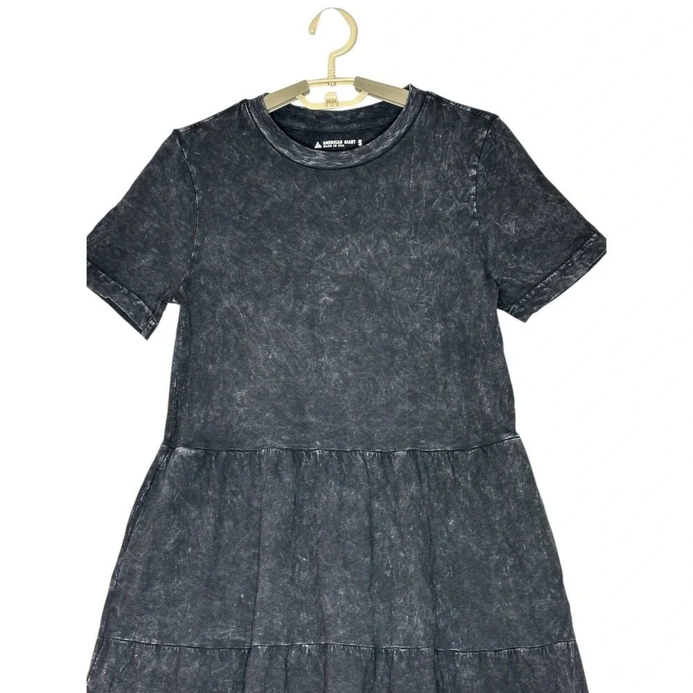 American Giant Womens Premium Slub Tiered Midi Dress Small Black Mineral Wash